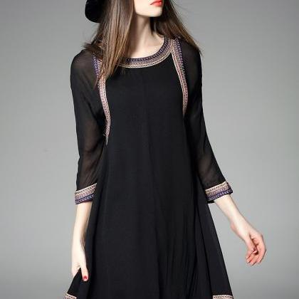 Women Black Printed Silk Shirt Dress-yr798
