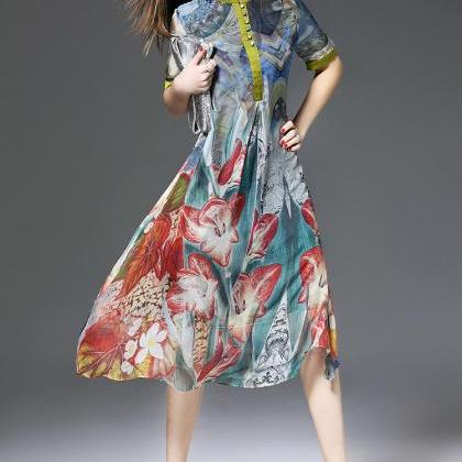 Fashion Floral Print Summer Silk A Line Dress..