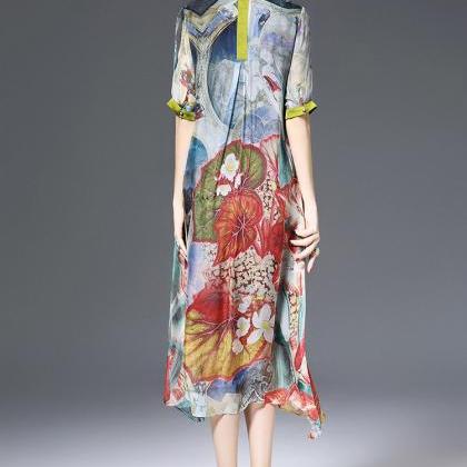 Fashion Floral Print Summer Silk A Line Dress..