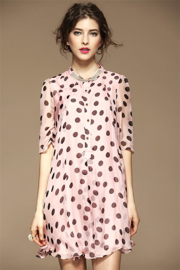 Women Silk Wave Point Printed Short Sleeve Summer Dress -y001