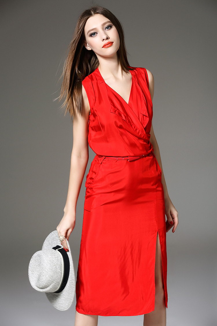 Women Solid Red Black V-neck Sleeveless Runway Long Dress-yr1143
