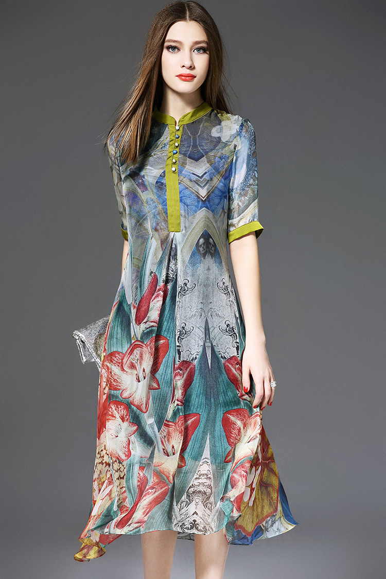 Fashion Floral Print Summer Silk A Line Dress Vestido For Women- Yr820