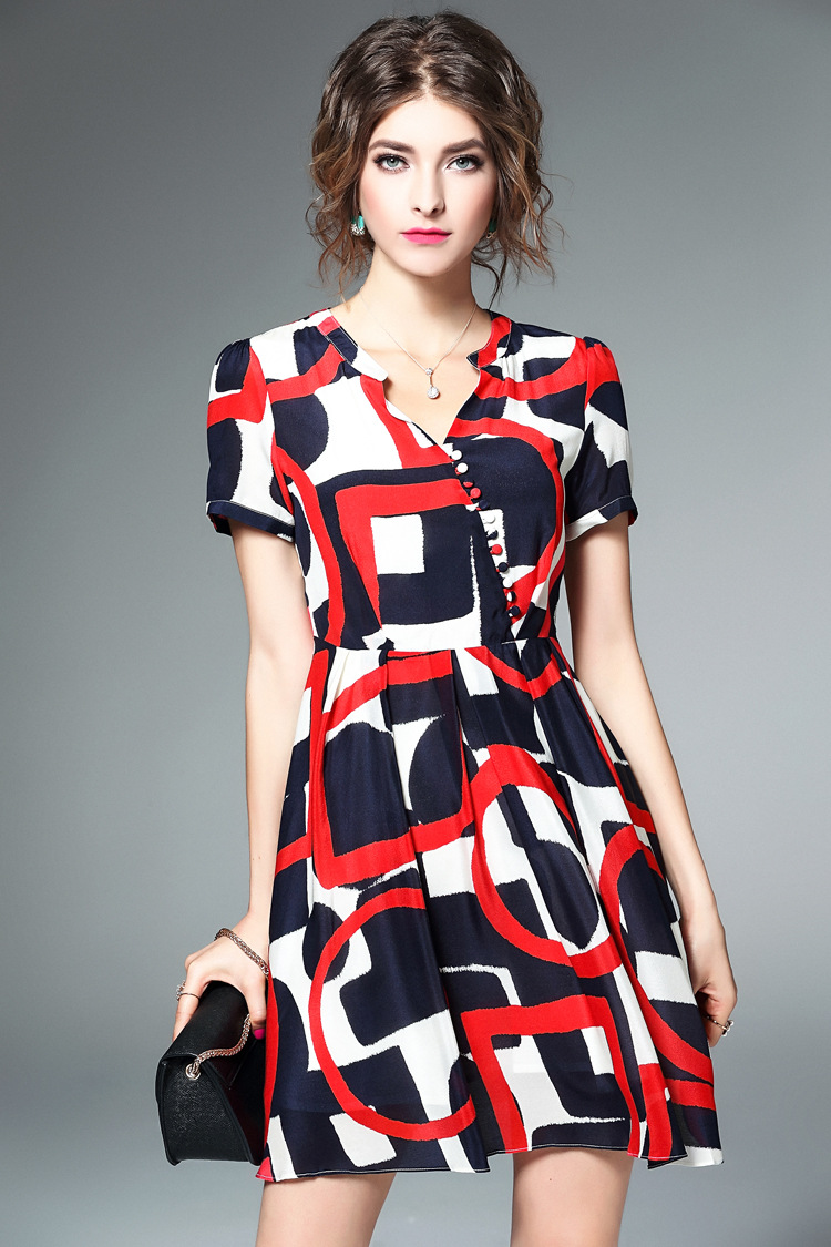 High-end Women Silk Geometry Print Summer Runway Midi Dress-yr575