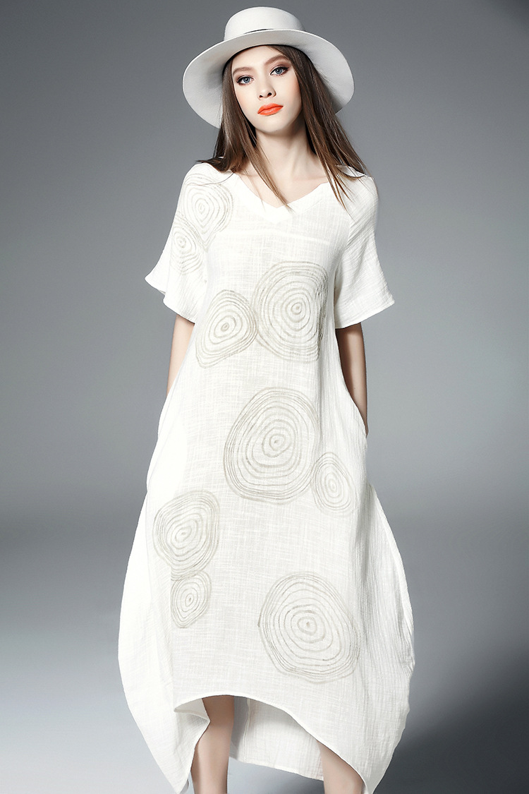 Fashion Women White Cotton And Linen Loose Casual Summer Runway Dress-yr742