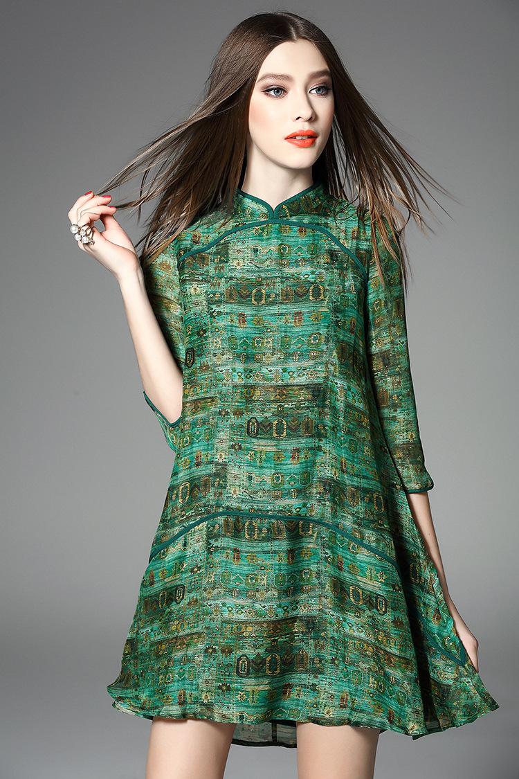High Fashion Women Spring Summer Silk Linen Print Runway Midi Dress-yr725