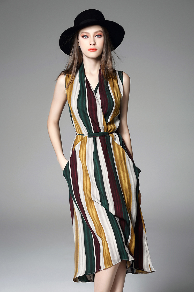 2017 Brand Spring Summer Sleeveless Striped Print Runway Midi Dress-yr489