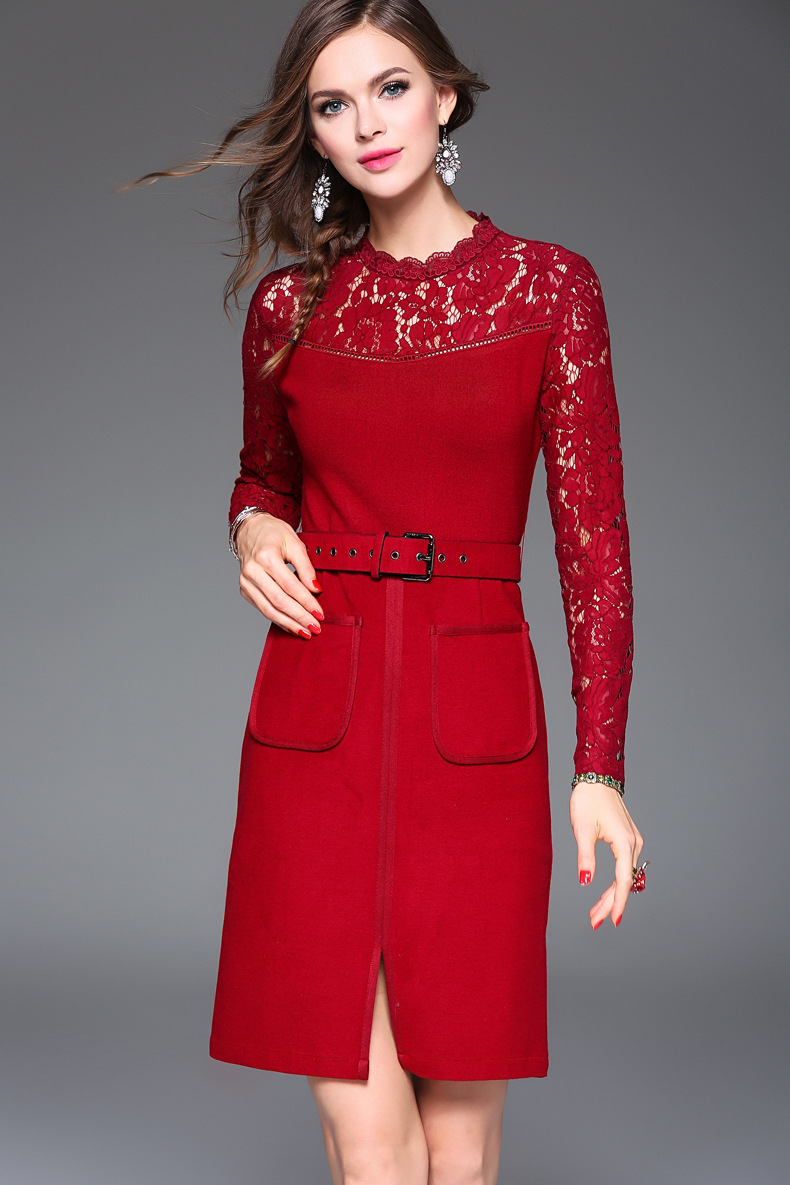 Europe And America Fashion Women Winter Red Runway Lace Pencil Dress With Belt -yr501