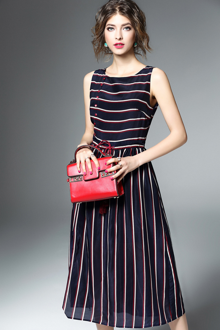 Brand Fashion Spring Summer Sleeveless Silk Print Striped Dress For Women -yr1731