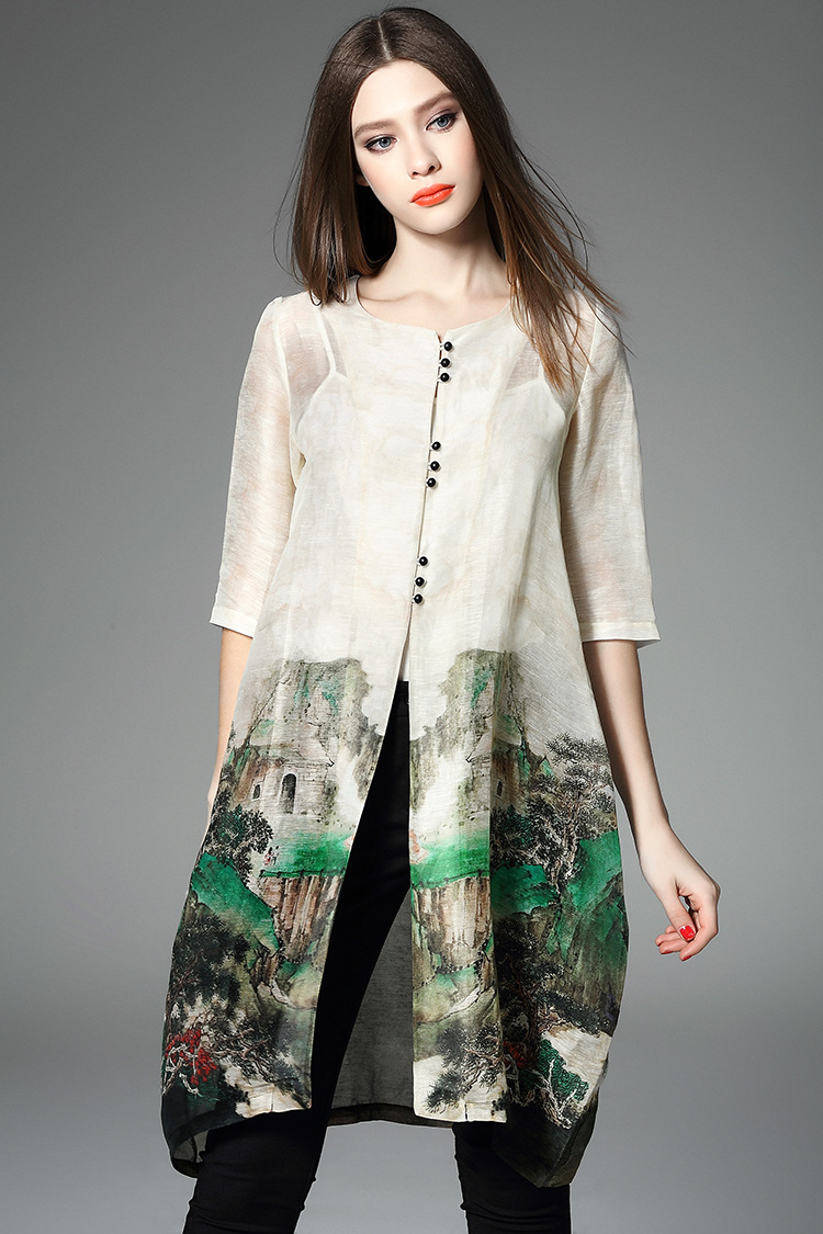 High-end Fashion Women Tops Spring Summer Silk Linen Print Runway Coat -yr665
