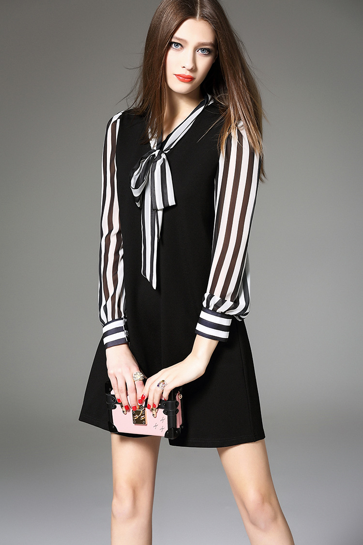 Brand Spring Summer Long Sleeve Cotton Silk Striped Dress For Women -yr854