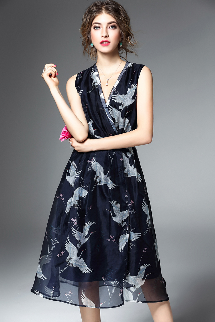 2017 Brand Fashion Spring Summer Sleeveless Silk Print Dress For Women -yr1737
