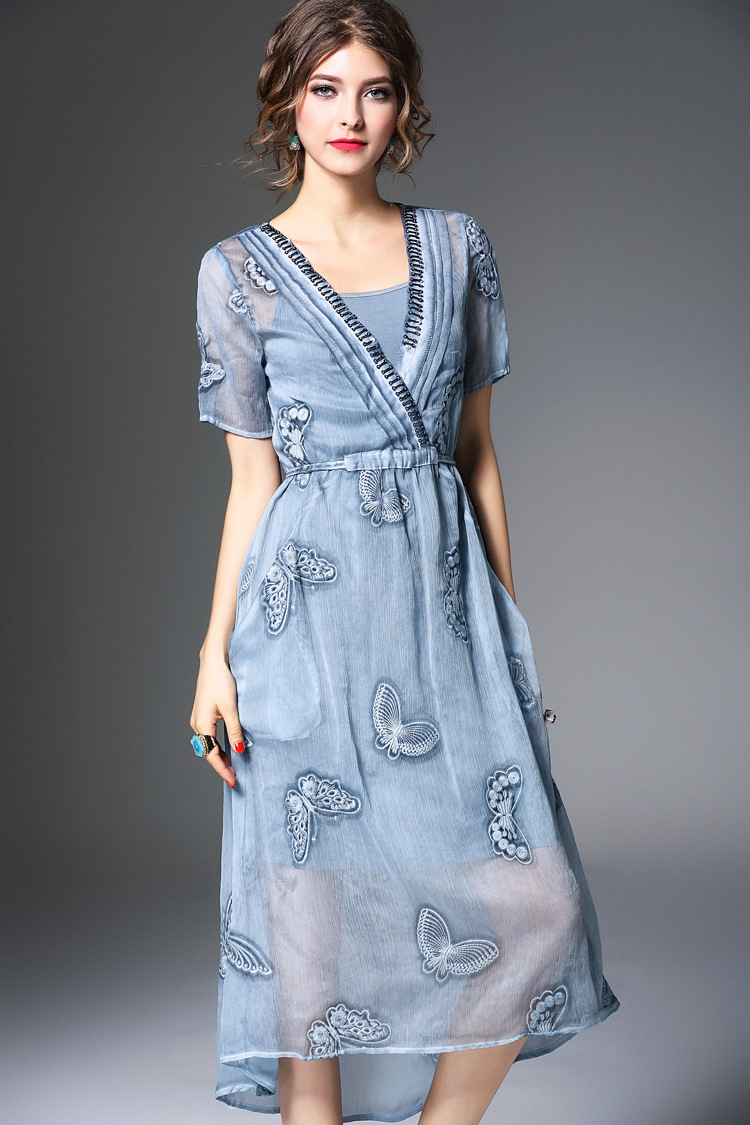 Brand Fashion Women Spring Summer Embroidery Runway Midi Dress-yr1807