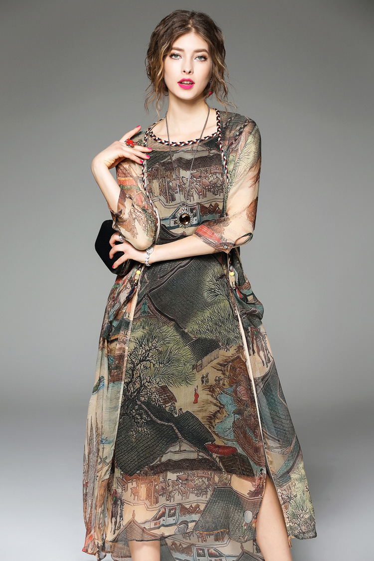 Women Fashion Spring Summer Floral Silk Print Runway Dress 3 Piece Set -yr1577