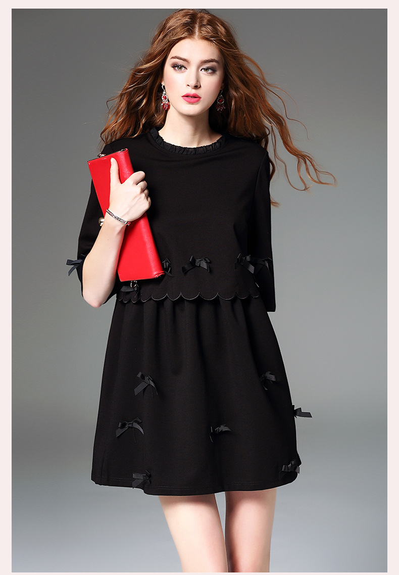 Fashion Women Fall Black Summer Loose Solid Patchwork Midi Dress -yr2038